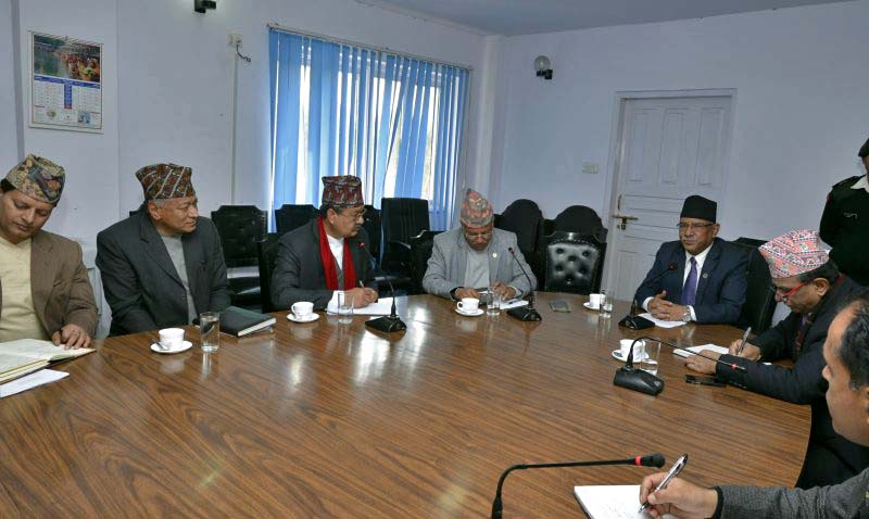 Prime Minister Pushpa Kamal Dahal in a meeting with the officials from Ministry of Supplies and Ministry of Finance at the Office of the Prime Minister in Singha Durbar, on Tuesday, January 24, 2017. Photo: PM's Secretariat
