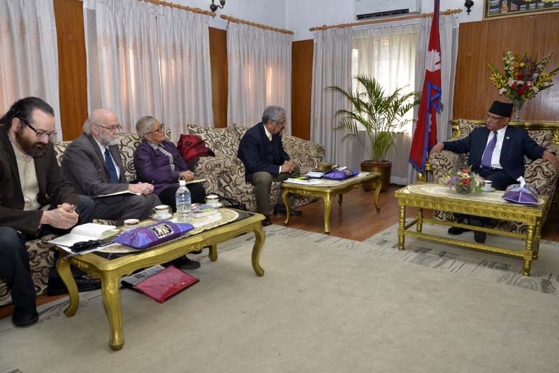 Prime Minister Pushpa Kamal Dahal attends a meeting with a delegation led by former Mauritius President Cassam Uteem at the his residence in Baluwatar, on Tuesday, January 24, 2017. Photo: PM's Secretariat