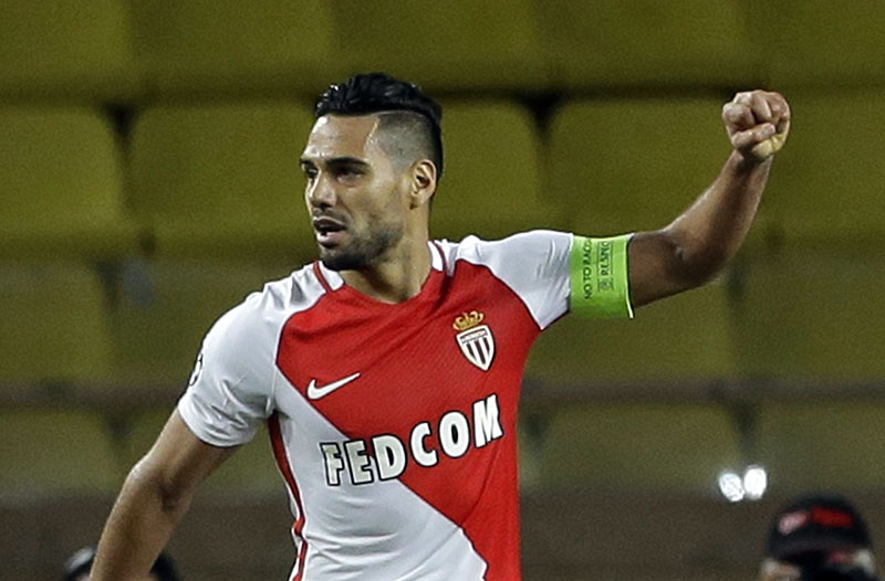 FILE - Monaco's Radamel Falcao celebrates after scoring during the Champions League Group E soccer match between Monaco and CSKA at the Louis II stadium in Monaco, on Wednesday November 2, 2016. Photo: AP
