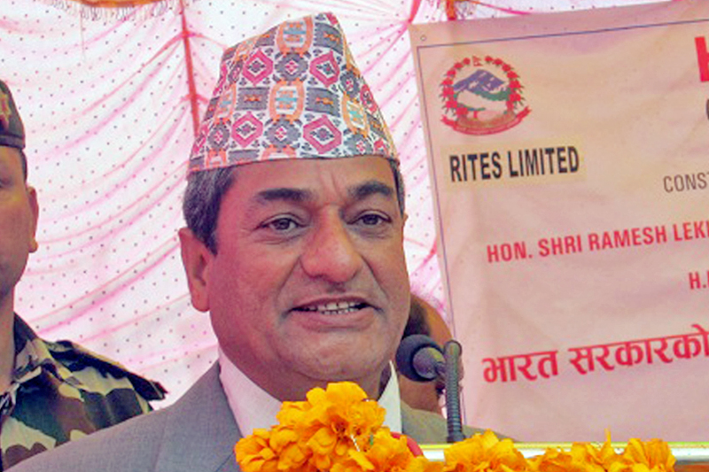 Minister for Physical Infrastructure and Transport Ramesh Lekhak speaks after inaugurating the Postal Highway, in Kailali district, on Thursday, January 19, 2017. Photo: RSS