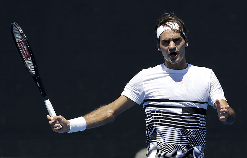 Switzerland's Roger Federer reacts during a practice session ahead of the Australian Open tennis championships in Melbourne, Australia, on Thursday, January 12, 2017. Photo: AP