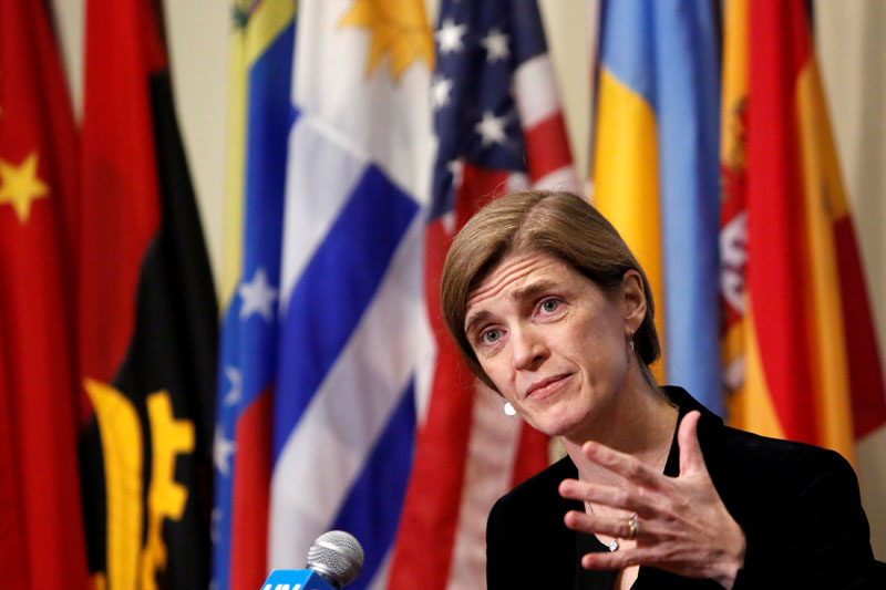 United States Ambassador to the United Nations Samantha Power addresses media following a United Nations Security Council vote, aimed at ensuring that UN officials can monitor evacuations from besieged parts of the Syrian city of Aleppo, at the United Nations in Manhattan, New York City, US, December 19, 2016. Photo: Reuters