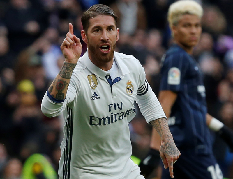 Real Madrid's Sergio Ramos celebrates his first  goal. Photo: Reuters