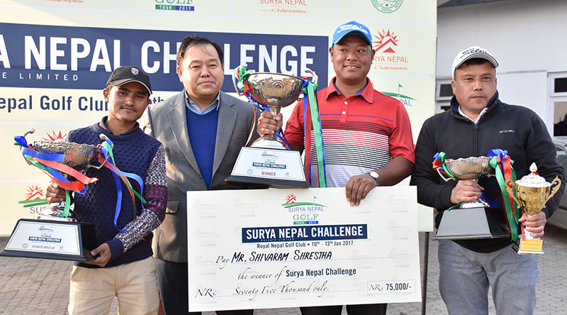 (From left) Amateur winner Santosh Rokka, Marketing Manager of Surya Nepal Bal Kishan Gurung, champion pro Shivaram Shrestha and amateur runner-up Jiwan Rai after the Surya Nepal Challenge at the Royal Nepal Golf Club on Friday, January 13, 2017. Photo: Naresh Shrestha/THT