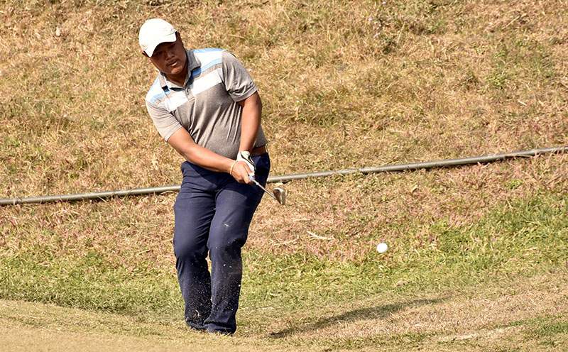 Nepal No 1 pro Shivaram Shrestha plays a shot on the ninth green during the third round of the Surya Nepal Challenge at the Royal Nepal Golf Cub in Kathmandu on Thursday, January 12, 2017. Photo: Naresh Shrestha/THT