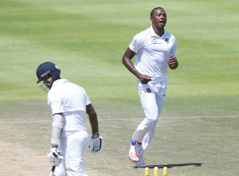 South Africa's Kagiso Rabada celebrates as he takes the wicket of Sri Lanka's Angelo Mathews. Photo: Reuters