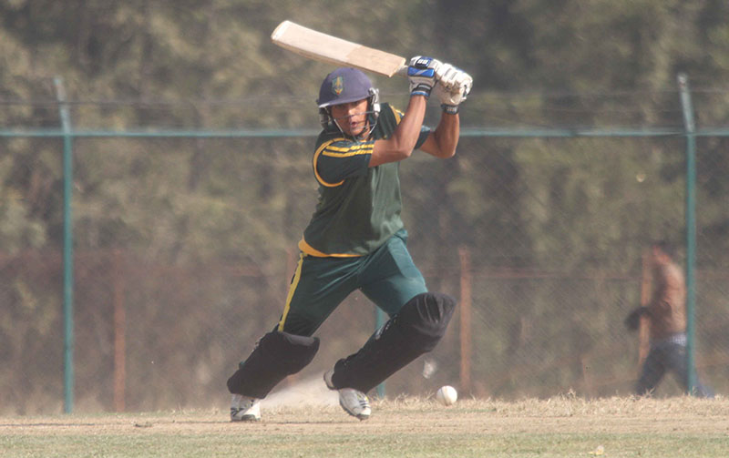 Sumit Maharjan of Kathmandu Cricket Training Centre bats against Cannon Cricket Club during their second Ruslan Cup T20 Tournament match at the TU Stadium in Kathmandu on Wednesday, January 11, 2016. Photo: THT