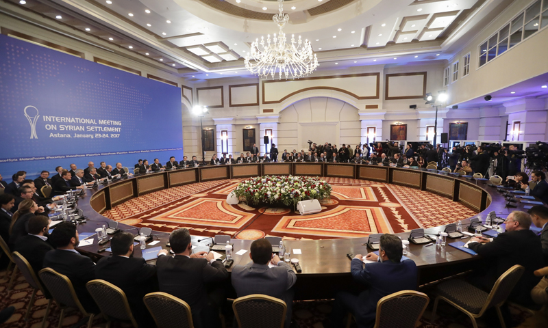 Delegations of Russia, Iran and Turkey hold talks on Syrian peace at a hotel in Astana, Kazakhstan, Monday, Jan. 23, 2017. Photo: AP