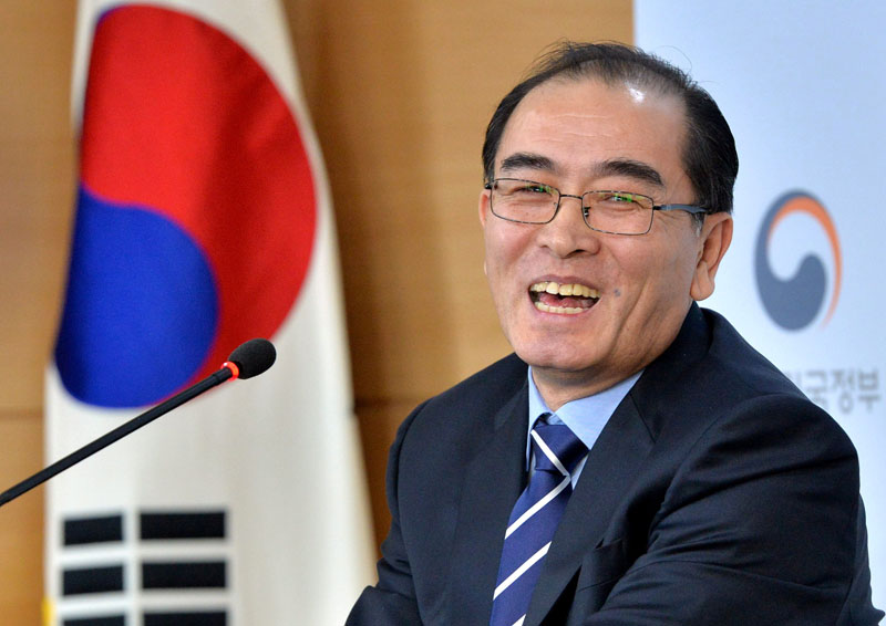 Thae Yong-ho, the former North Korean deputy ambassador to London, reacts during a news conference at the Government Complex in Seoul, South Korea, on December 27, 2016. Photo: Reuters