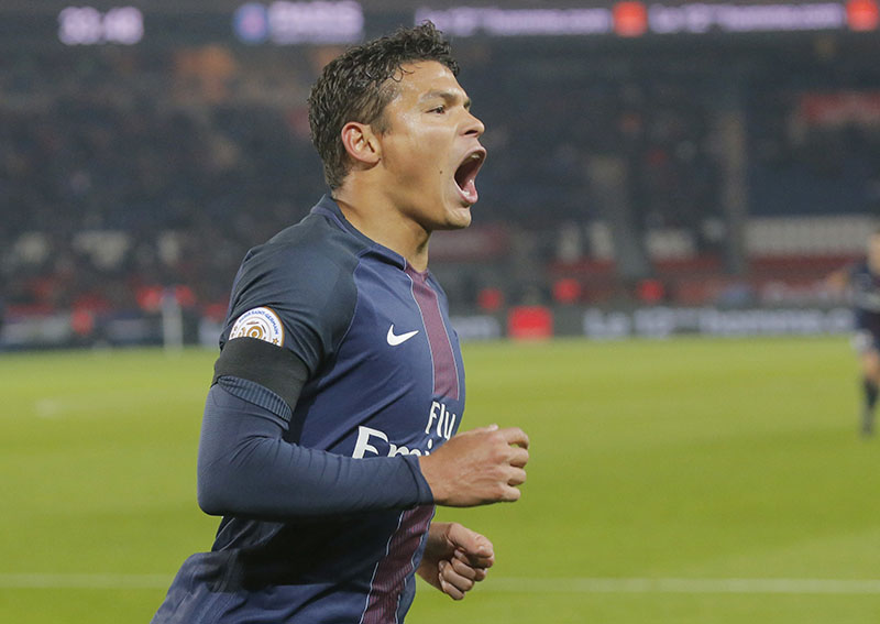 FILE - PSG's Thiago Silva celebrating his opening goal during a French League One soccer match Paris-Saint-Germain against Angers at Parc des Princes stadium in Paris, on Wednesday, November 30, 2016. Photo: AP