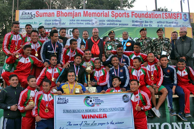 Tribhuvan Army Club team members celebrate with officials after winning the second Tuborg Hetauda Gold Cup International Invitational Football Tournament at the Forestry University grounds in Hetauda on Saturday, January 7, 2017. Photo: THT