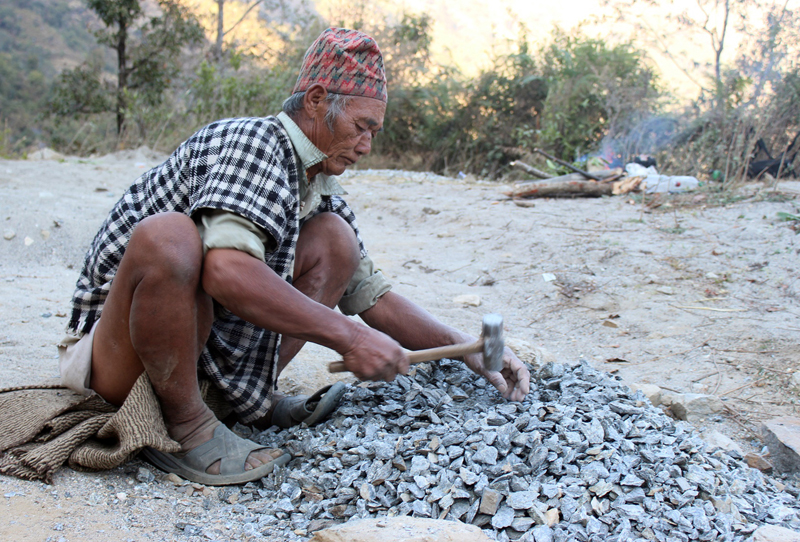 An elderly man crushes stones needed for developmental works in Simjung of Gorkha district, on Monday, January 30, 2017. The village is heavily affected by the brain drain. Photo: RSS
