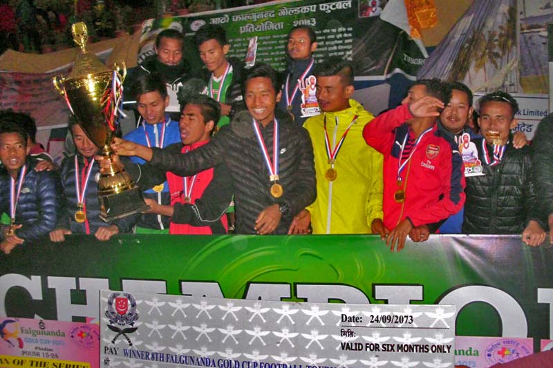 Birta United Club players celebrate after winning the Tuborg eighth Falgunanda Gold Cup in Phidim on Sunday, January 8, 2017. Photo: THT