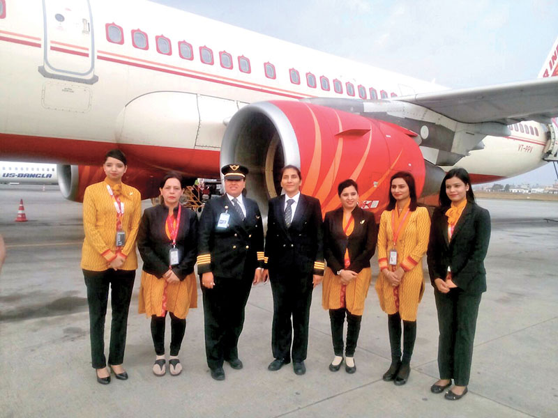 All-women crew of Air India at Tribhuvan International Airport, Kathmandu, on Sunday, February 26, 2017. Photo: THT