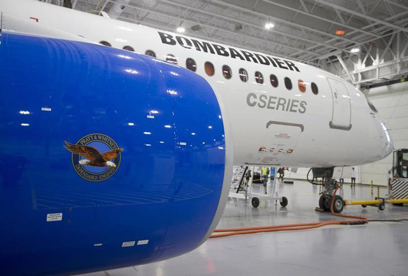 Bombardier's CS300 Aircraft, showing its' Pratt &amp; Whitney engine in the foreground, sits in the hangar prior to its' test flight in Mirabel, on February 27, 2015. Photo: Reuters