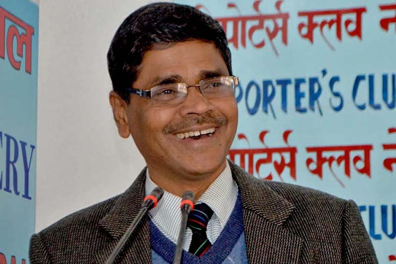 Chief Election Commissioner Ayodhi Prasad Yadav speaks at an interaction programme held at the Reporter's Club Nepal in Kathmandu, on Tuesday, February 21, 2017. Photo Courtesy: Reporter's Club