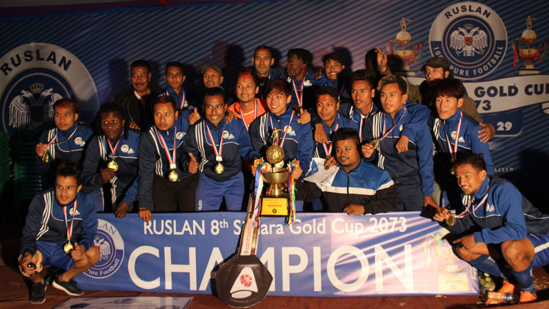 CMG Club Sankata players and officials celebrate after winning the Ruslan eighth Simara Gold Cup at the Simara Stadium on Saturday, February 11, 2017. Photo: THT