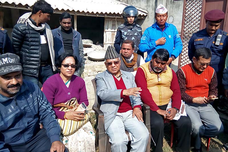 CPN-UML senior leader Madhav Kumar Nepal speaks with journalists in Rautahat, on Monday, February 13, 2017. Photo: Prabhat Kumar Jha/THT
