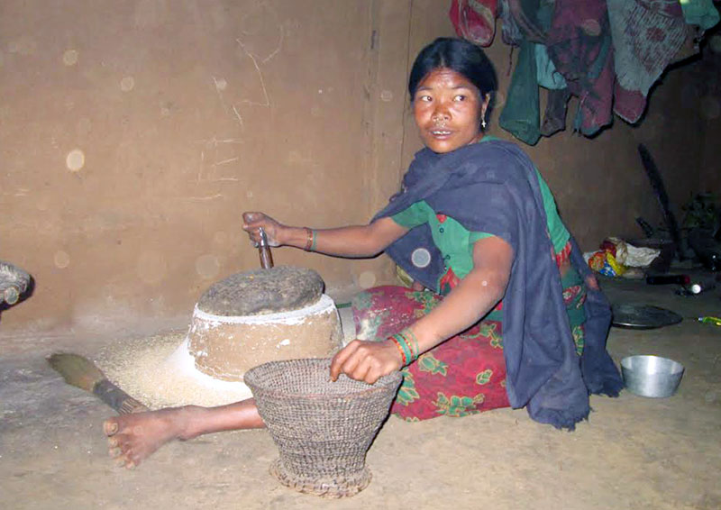 A Chepang woman grinding maize, in Brushbang, Dhading, on Saturday, February 11, 2017. Photo: THT.