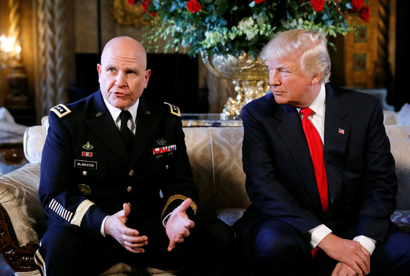 US President Donald Trump and his newly named National Security Adviser Army Lieutenant General Herbert Raymond McMaster (left) speak during the announcement at his Mar-a-Lago estate in Palm Beach, Florida US, on February 20, 2017. Photo: Reuters