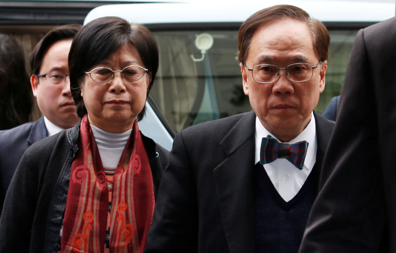 Former Hong Kong Chief Executive Donald Tsang, his wife Selina and son Thomas, arrive at the High Court in Hong Kong, China, on February 20, 2017. Photo: Reuters