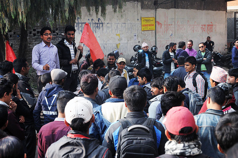 A student leader addressing his supporters at Exhibition Road, Kathmandu, on Sunday, February 26, 2017. Photo: Balkrishna Thapa Chhetri/THT