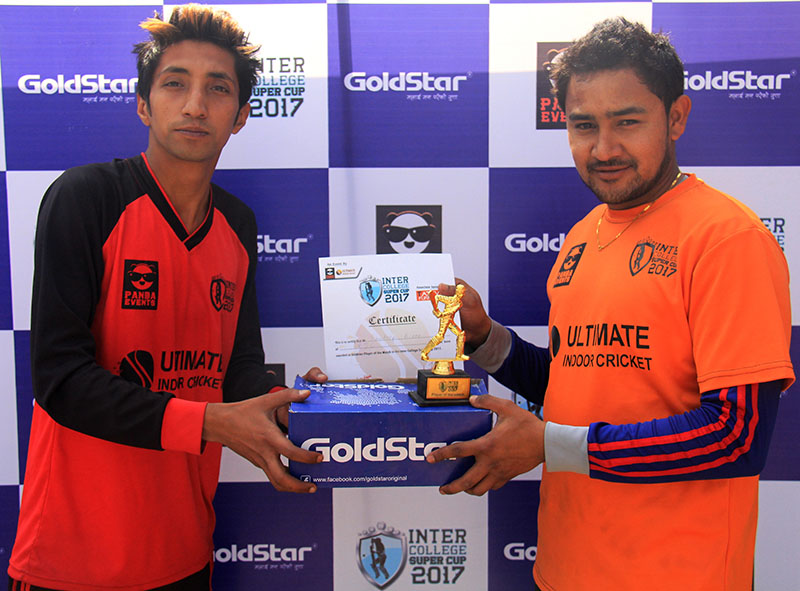 Pradeep Airee (right) of Rajarshi Janak Campus receiving the man-of-the-match award in Kathmandu on Monday, February 20, 2017. Photo: THT