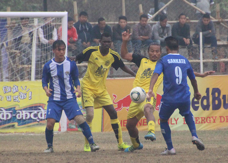 Players of CMG Club Sankata and Rupandehi (centre) in action during the 19th International Invitational Red Bull Budha Subba Gold Cup match at the ANFA Technical Centre in Dharan on Wednesday, February 22, 2017. Photo: THT