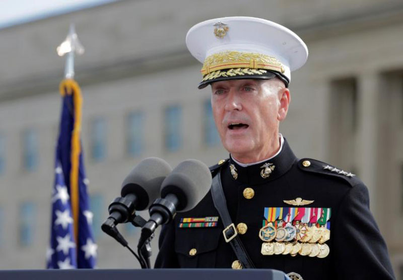 Joint Chiefs Chair General Joseph Dunford speaks during a ceremony marking the 15th anniversary of the 9/11 attacks at the Pentagon in Washington, US, on September 11, 2016. Photo: Reuters