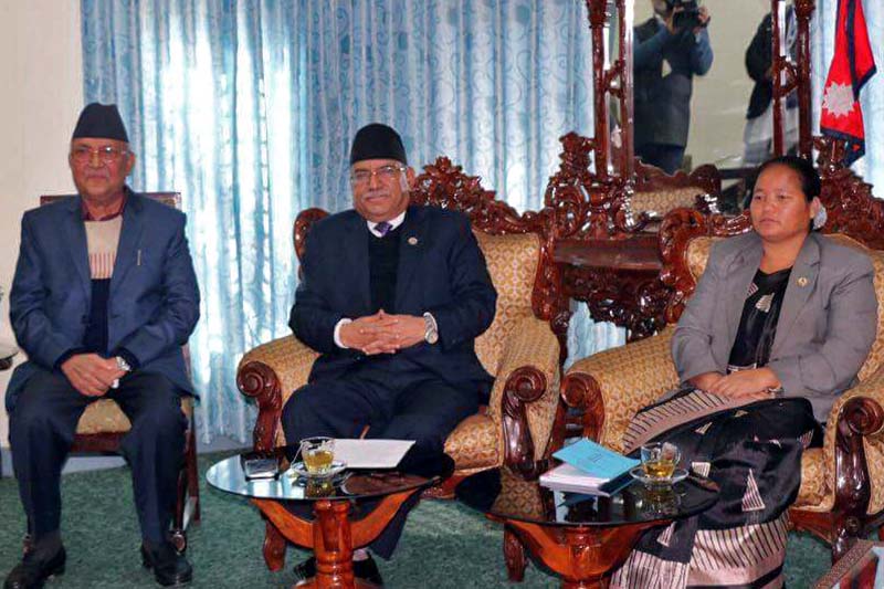 (From left) CPN-UML Chairman KP Sharma Oli, Prime Minister Pushpa Kamal Dahal and Speaker Onsari Gharti Magar after the meeting at the Speaker's Office, in Kathmandu on Thursday, February 23, 2017. Photo Courtesy: Onsari Gharti Magar/Twitter