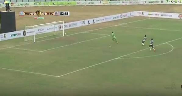 Hapless goalie of MSC, Mamun Khan, looks back at the post as the ball finds the net