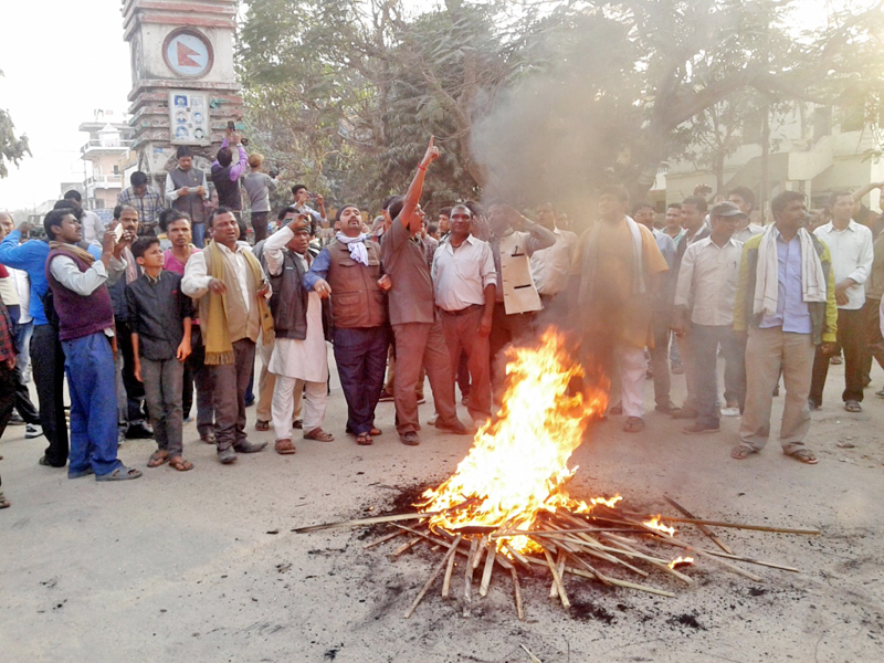 Members of the United Democratic Madhesi Front stage a protest against the announcement of polls dates in Inaruwa of Sunsari district, on Tuesday, February 21, 2017. Photo: Byas Shankar Upadhyaya