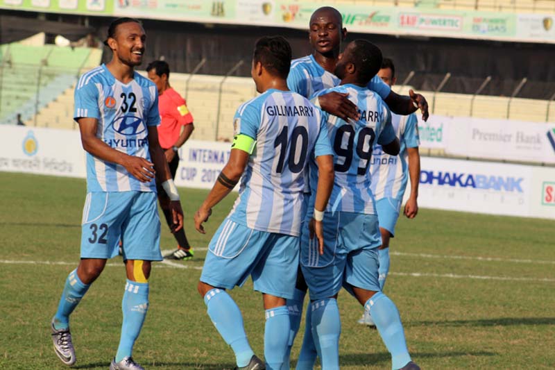 Manang Marshyangdi Club players celebrate after scoring a goal against Chittagong Abahani during their Sheikh Kamal International Club Cup match in Chittagong on Friday, February 24, 2017. Photo Courtesy: NSJF