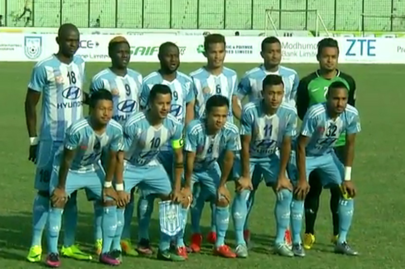 Nepal's Manang Marshyangdi Club players pose for a photo before a game during the on-going Sheikh Kamal International Club Cup  at M A Ajij Stadium in Chittangong of Bangladesh, on Friday, February 24, 2017. Photo: Videograph