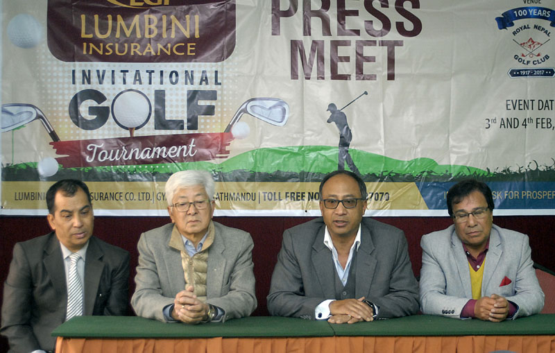 Chairman of Lumbini General Insurance Company Ltd Manohar Das Mool (second from right) speaks as other officials look on during a press meet in Kathmandu on Thursday, February 02, 2017. Photo: THT