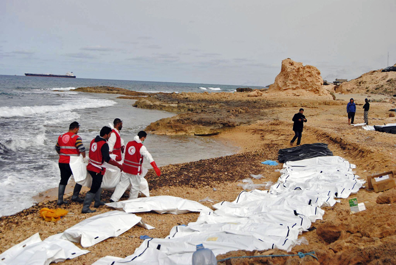 This Monday, Feb. 20, 2017 photo provided by The International Federation of Red Cross and Red Crescent Societies (IFRC), shows the bodies of people that washed ashore and were recovered by the Libyan Red Crescent, near Zawiya, Libya. Photo: AP