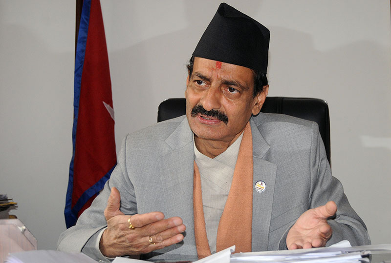 Minister for Industry Nabindra Raj Joshi gives insight into the Nepal Investment Summit 2017, its goals and governmentu2019s preparations, in Kathmandu, on Sunday, February 26, 2017. The summmit is scheduled to take palce on March 2 and 3 in Kathmandu. Photo: Balkrishna Thapa Chhetri/THT