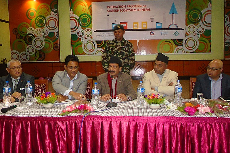 Minister for Industry Nabindra Raj Joshi (centre) among other officials attend an interaction programme 'Start up Ecosystem' jointly organised by Ministry of Industry, Nepalese Youth Entrepreneurs' Forum, Start up Ecosystem Development Committee and Pokhara Chamber of Commerce and Industry, on Saturday, February 11, 2017. Photo: RSS