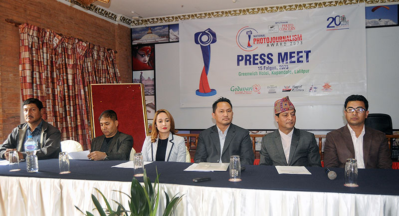 Office bearers of National Forum of Photo Journalists attending a press meet in Kathmandu, on Sunday, February 26, 2017. Photo: Balkrishna Thapa Chhetri/THT