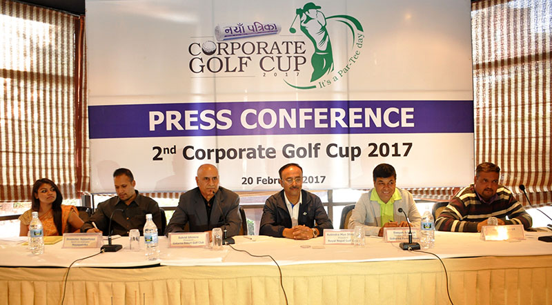 Organisers and officials attend a press meet of the second Naya Patrika Swing and Win Corporate Golf Tournament in Kathmandu on Monday, February 20, 2017. Photo: THT