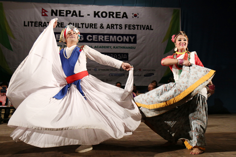 Artists clad in traditional Korean attires perform a dance during the Nepal-Korea Literature, Culture and Arts Festival organised by the Nepali Writers Association and  an Eurasia Culture Forum, at the Nepal Academy on Wednesday, February 22, 2017. Photo: RSS