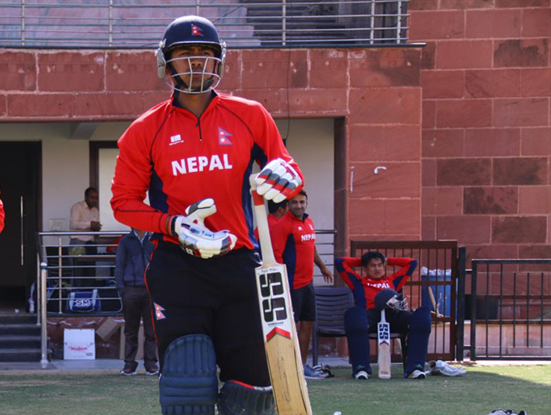 Nepal skipper Gyanendra Malla enters the pitch to bat against Rajwada Cricket Team of India during their npractice match in Greater Noida on Sunda, February 26, 2017. Photo courtesy: Raman Shiwakoti