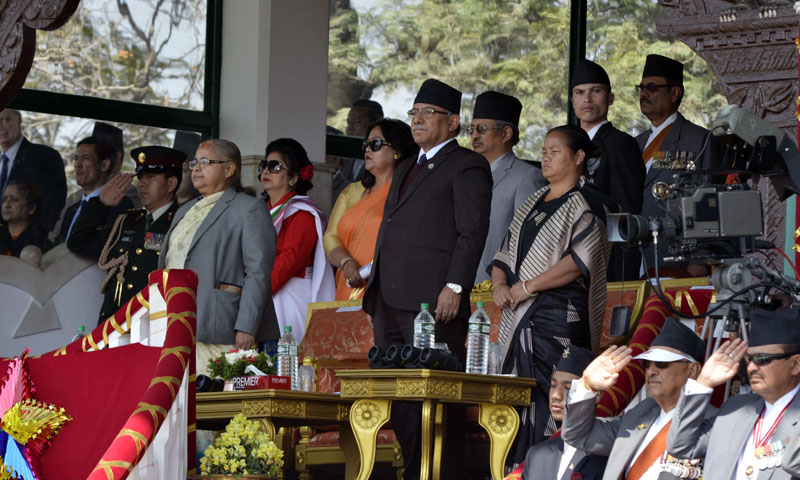 Prime Minister Pushpa Kamal Dahal, Chief Justice Sushila Karki, Speaker Onsari Gharti Magar at a special function organised by the Nepal Army to mark the Army Day at the Army Pavilion, Tundikhel of Kathmandu on Friday, February 24, 2017. Photo: PM's Secretariat