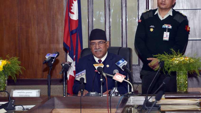 Prime Minister Pushpa Kamal Dahal addresses to the nation from his office in Singhadarbar, on Tuesday, February 28, 2017. Photo: RSS