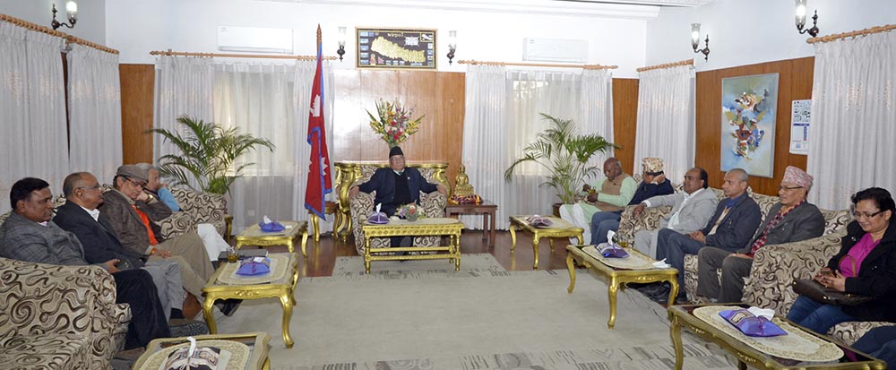Prime Minister Pushpa Kamal Dahal holding a meeting with the leaders of Madhesi parties at the PM's official residence in Baluwatar, Kathmandu, on Friday, February 3, 2017. Photo Courtesy: PMu2019s Secretariat