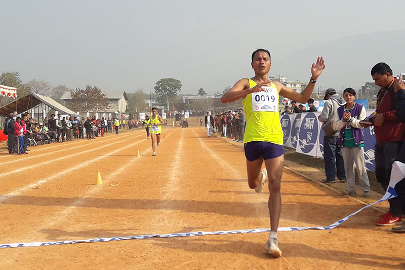 Nawaraj Saud, winner of the Safal Pokhara Marathon, completes the race at the Pokhara Stadium, in Pokhara of Kaski district, on Saturday, February 18, 2017. Photo: Rup Narayan Dhakal