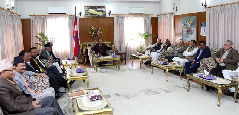 Leaders of Nepali Congress and CPN Maoist Centre discuss local polls and Constitution amendment with the United Democratic Madhesi Front, in Kathmandu, on Tuesday, February 28, 2017. Photo: PM's Secretariat