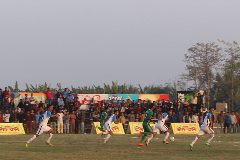 Players of Rupandehi and Rumpum Jhapa in action during their fourth Rumpum Udaypur Gold Cup Football Tournament match at the Tharuhat Stadium on Sunday, February 12, 2017. Photo: THT