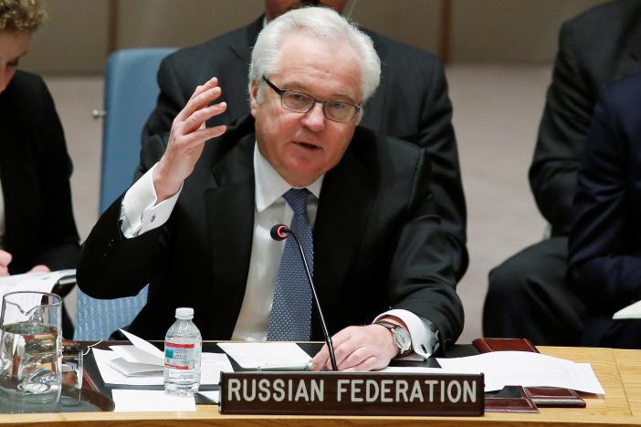 FILE PHOTO - Russian Ambassador to the United Nations Vitaly Churkin addresses members of the U.N. Security Council during a meeting about the Ukraine situation, at the U.N. headquarters in New York, March 6, 2015. REUTERS/Eduardo Munoz/File Photo