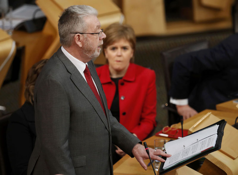 Scotland's First Minister Nicola Sturgeon listens as Michael Russell (MSP) Minister for UK Negotiations on Scotland's Place in Europe speaks during the Scottish Parliament debate on the triggering of article 50 in the main chamber of the Scottish Parliament in Edinburgh, Scotland, Britain,  on February 7, 2017. Photo: Reuters